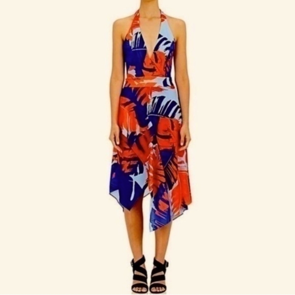NICHOLAS Red and Blue Palm Print Crepe Halter Dress, Handkerchief Hem, EUC, 4 - Picture 2 of 11
